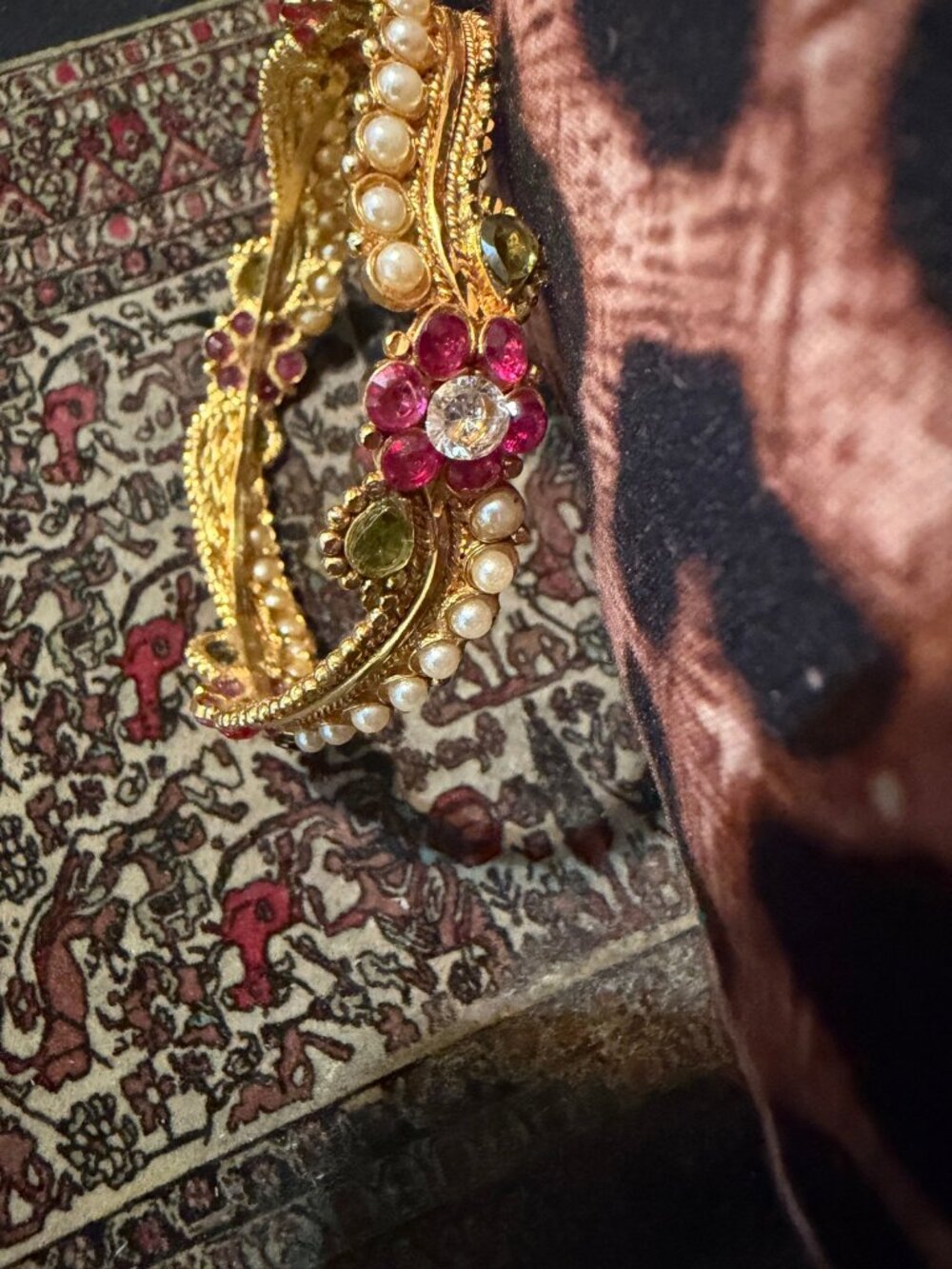 Ornate Gold Pearl Pink Green Bangle - Picture 2 of 3